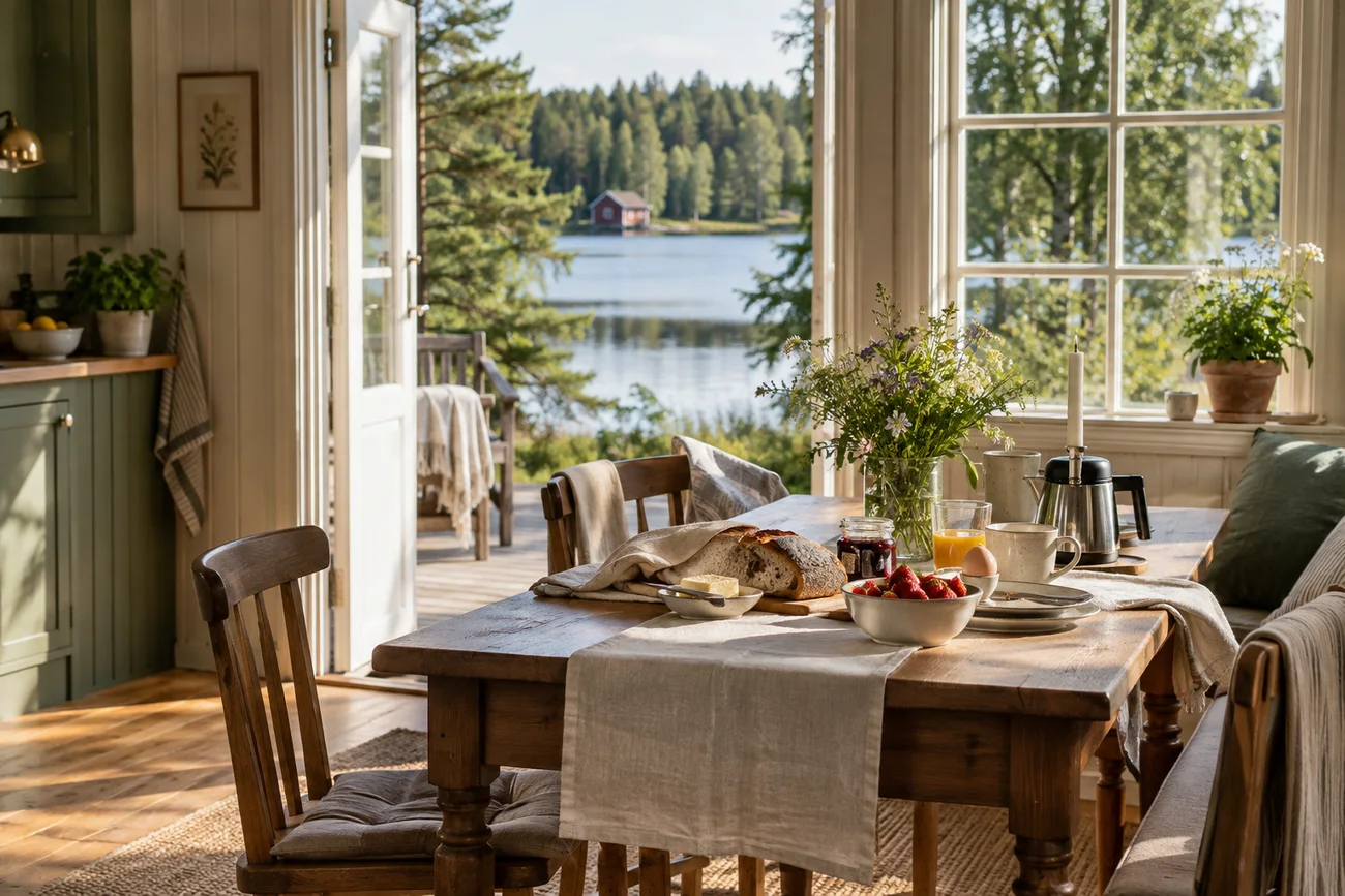 Välkomnande matplats i ett fritidshus med utsikt mot naturen