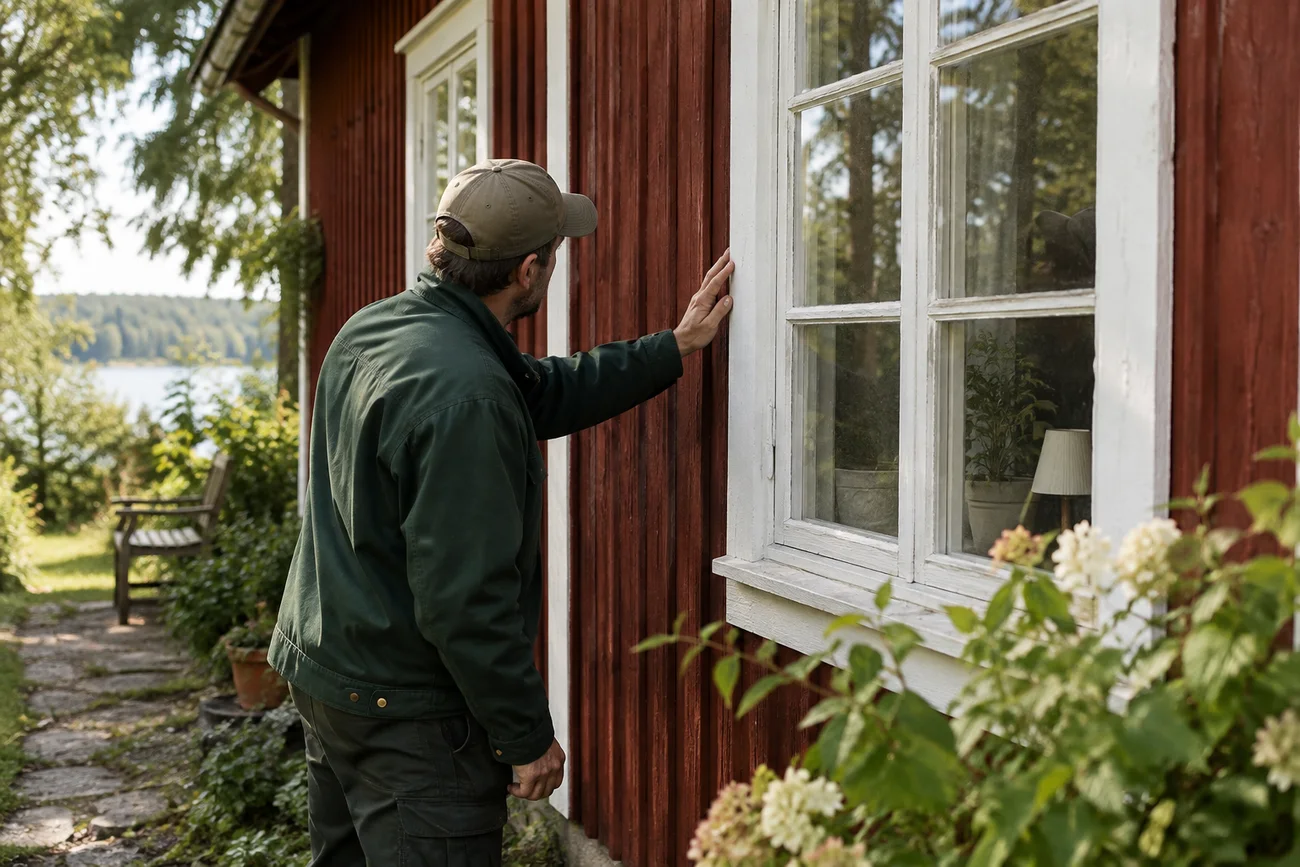 Tillsyn av ett fönster på ett fritidshus