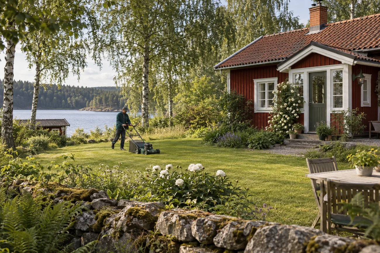 Gräsklippning vid ett rött svenskt fritidshus