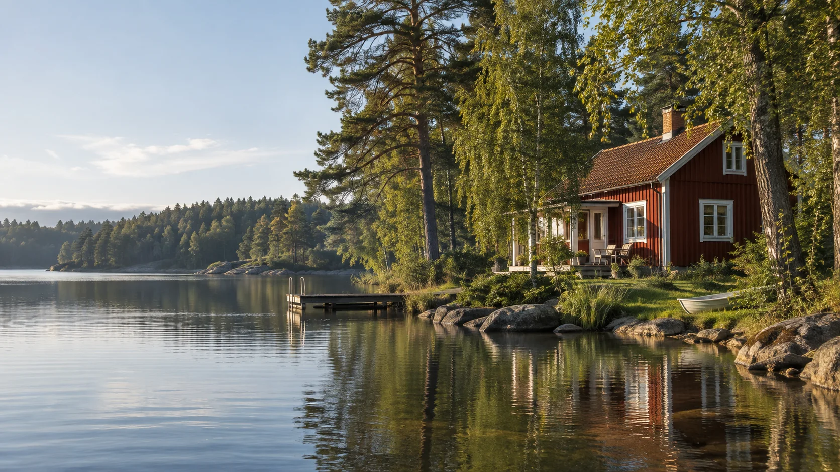 Rött fritidshus bland björkar och tallar vid en svensk sjö