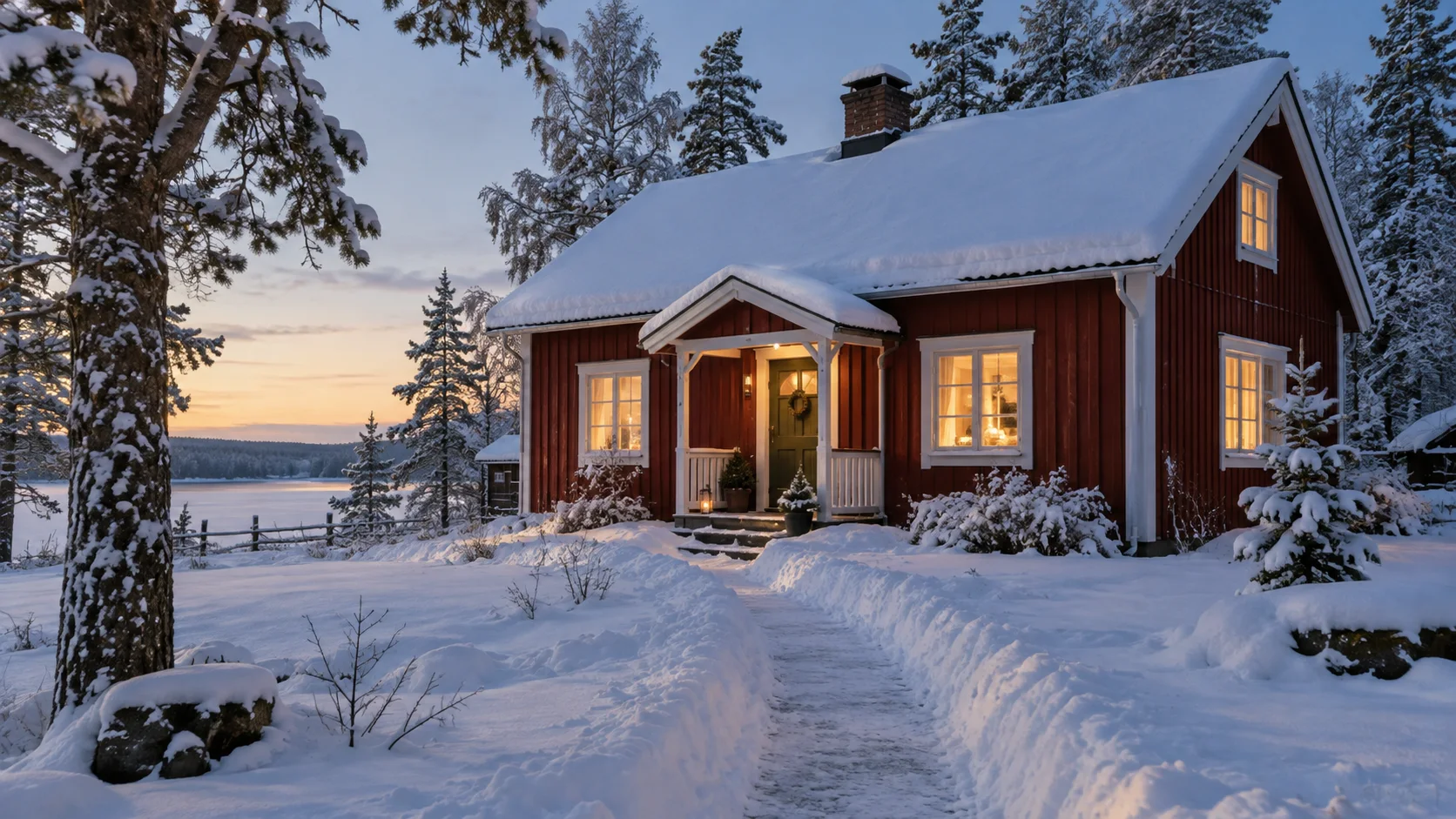 Rött fritidshus i snö med varmt upplysta fönster